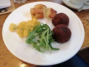 Scrambled tofu, potatos and vegetable balls at Adelhaus in Freiburg