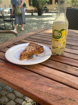 Orange polenta cake. Very nice but the edge was too hard to eat.  at Adelhaus in Freiburg