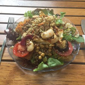 Gorgeous vegan salad plate. They also have vegan and veggie burgers and a veggie and vegan special each day. The vegan apple tart was divine!! at Adelhaus in Freiburg