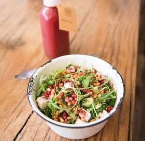 Wild tabouleh, prepared with cashew cheese, raw cauliflower, cucumber, mint, chickpea and pomegranate with oriental spices, this ultra-fresh gluten-free tabouleh brings you a great dose of antioxidants and vitality. at Wild & The Moon - Wild Lab Gravilliers in Paris