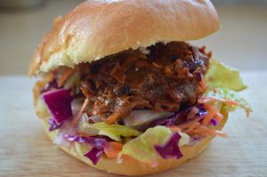 Our Pulled Mooshie Burger made from Jackfruit served on coleslaw with homemade BBQ sauce  at Mooshies in East London