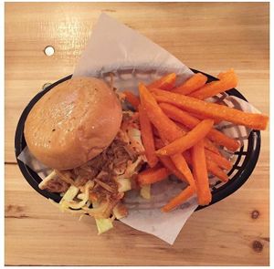 Our Pulled Mooshie made from Jackfruit and a side of sweet potato fries.  at Mooshies in East London