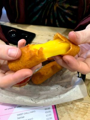Mozzarella stick pull part 3 at Mooshies in East London