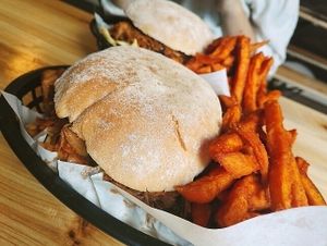 jackfruit burger and sweet potato chips at Mooshies in East London