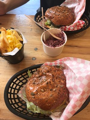 “What’s your beef “ burgers and cheese fries  at Mooshies in East London