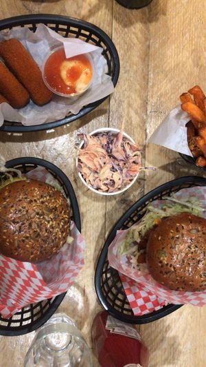 Fish burger, mushroom burger (special) coleslaw, fries & mozzarella sticks  at Mooshies in East London
