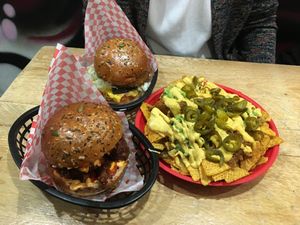 Loaded nachos, special burger with kimchi, fish burger  at Mooshies in East London
