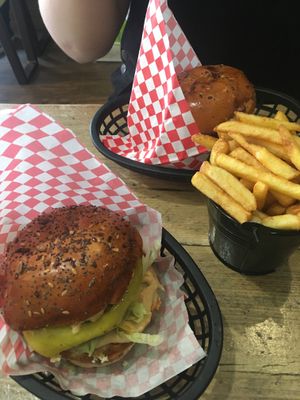 Burgers with one chips - generous portion at Mooshies in East London