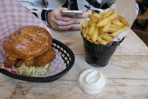 Magic Mushroom with french fries and vegan mayo at Mooshies in East London