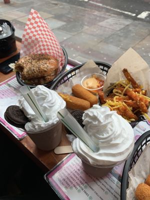 Cheese sticks, mushroom burger, cheesy sweet potato fries  at Mooshies in East London