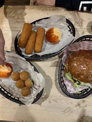 Fillet-om-fish, cheese sticks, chick p bites  at Mooshies in East London