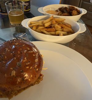 Pulled mooshie, fries (that’s only half the portion!) and magic mushrooms.  at Mooshies in East London