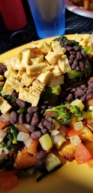 Potato "scramble" with fried tofu, beans, broccoli, tomato etc at Squeeze In in Las Vegas