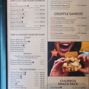 Churros menu at San Churro in Wantirna South