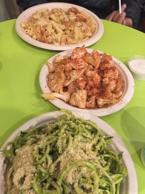 YUM! Mac n cheese, buffalo cauliflower, and pesto zucchini at True Earth Juicery & Vegan Cafe in North Hollywood