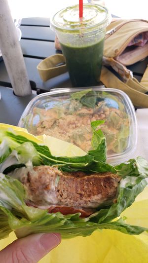 Raw burger. Not dehydrated. Cesar salad in the back. at True Earth Juicery & Vegan Cafe in North Hollywood