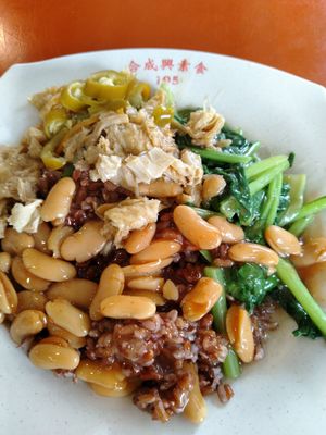 Brown rice with 3 dishes $3.80 at Hup Seng Heng Vegetarian in West Singapore