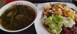 西洋菜汤 +  糙米饭 + 3样菜 $6.10 at Hup Seng Heng Vegetarian in West Singapore