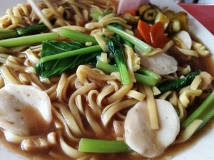 noodles with mock fish ball  and fishball at Hup Seng Heng Vegetarian in West Singapore
