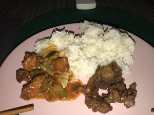 Left: Tom Yam vegetarian chicken, Right: buttered frog legs (fried mushrooms) at Hup Seng Heng Vegetarian in West Singapore
