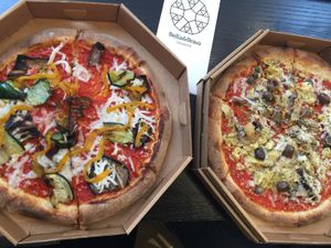 Right is capricciosa, much better than the vegetarian on the left at Bella&Brava in Venice