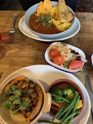 3 bean chilli and stuffed butternut squash (chips out of shot!) at The Golden Heart Inn in Gloucester