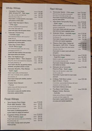 Wine list with vegan wines at The Golden Heart Inn in Gloucester