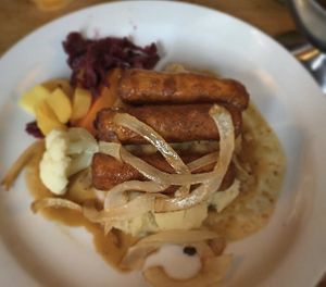 Vegan bangers and mash  at The Golden Heart Inn in Gloucester