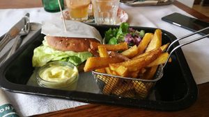 Vegan lentil burger w/ homemade mayo and fries at Lahodnosti in Poprad