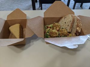 Carrot cake and spaghetti and meat balls at Raw Eatery & Market in Calgary