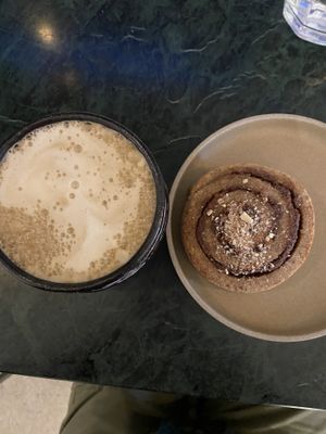 Cinnamon bun and Hojicha Latte - very nice   at Pepstop - Riddargatan in Stockholm