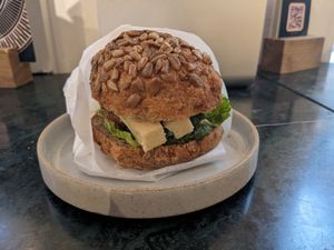 Gluten free bread and cashew cheese roll with pesto at Pepstop - Riddargatan in Stockholm