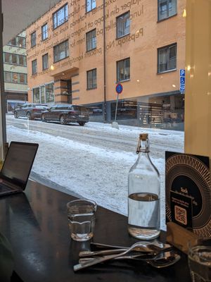 Seats are at a bar along the window - cool view! at Pepstop - Riddargatan in Stockholm
