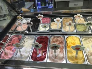 5 flavours top left and bottom left: vegan at Werners Eiscafe in Wismar