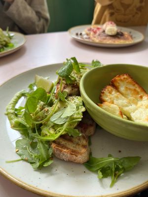 Avocado toast with grilled halloumi  at Hula Juice Cafe in Edinburgh