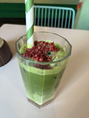 iced raspberry almond matcha latte  at Hula Juice Cafe in Edinburgh