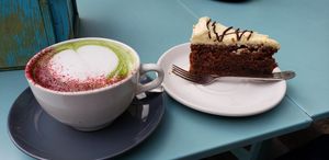 Matcha latte and carrot cake at Hula Juice Cafe in Edinburgh