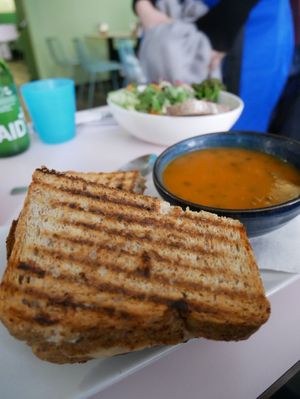 Tomato soup and a toastie with aubergine, onion, bell pepper and hummus at Hula Juice Cafe in Edinburgh