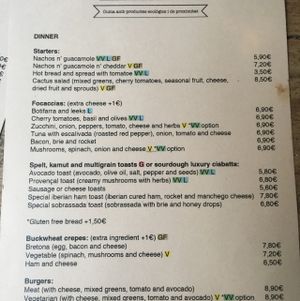 menu at Cactus in Palamos