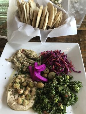 Appetizer Platter with hummus, baba ganouj, red cabbage salad and tabbouli at Marrakesh Mediterranean   at Marrakesh Mediterranean Cuisine in Jacksonville