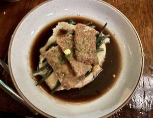 Tempeh with mushroom sauce and mashed potatoes  at Teva in Rio De Janeiro