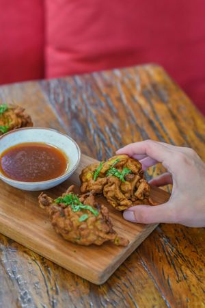CHAYOTE AND POTATO PAKORA | Indian spiced chayote, potato and
onion fritters, tamarind and Sambal Oelek spicy chutney, cilantro. at Teva in Rio De Janeiro