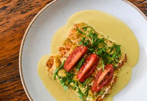 ARTICHOKE CANNELLONI | Fresh pasta, sundried tomato and artichoke tofu ricotta, white wine and spanish saffron creamy sauce, arugula, cherry tomato, Basi.co parmesan. at Teva in Rio De Janeiro