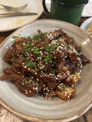 Braised seitan with korean Gochujang sauce, amazing!!  at Teva in Rio De Janeiro
