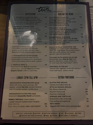 Menu  at Teva in Rio De Janeiro