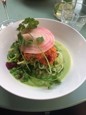 Mama Mia Bowl. Zuccini "noodles" with a bolognese sauce made with tofu.  at Kitchen Garden in Bordeaux