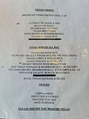 Vegan menu at Penny's Tearooms in Barnard Castle