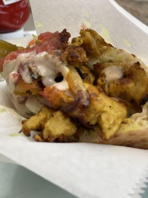 A terrible photo of an otherwise delicious half vegan chik’n shawarma  at Tal's Hummus in New Orleans