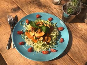 pasta marinara & marinated shrooms
 at Beet Bar in Margate