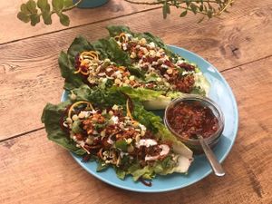 walnut meat taco with brazil sour cream, red pepper salsa and raw cauli rice  at Beet Bar in Margate